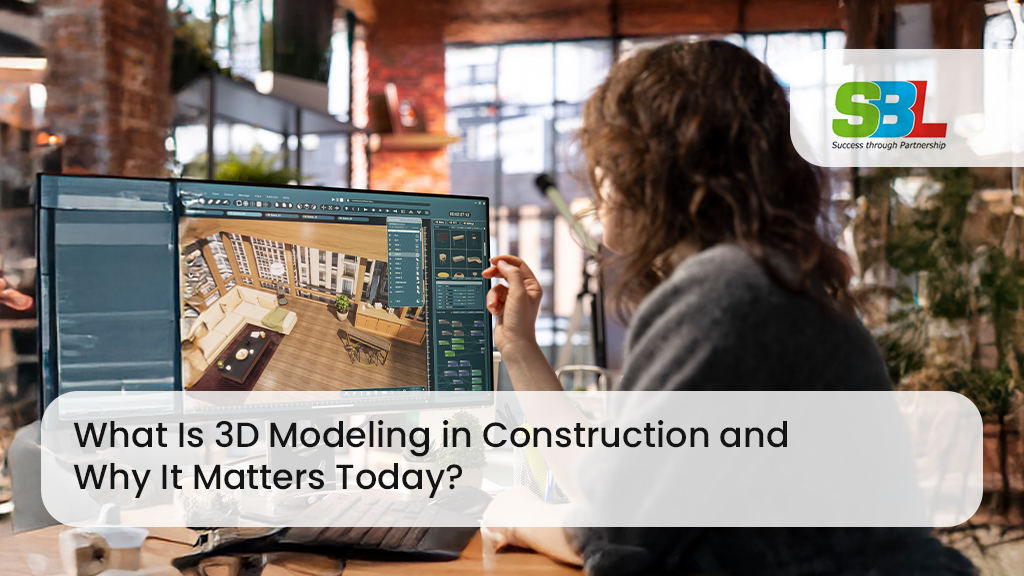Woman using 3D modeling software on a computer screen in a modern construction design studio