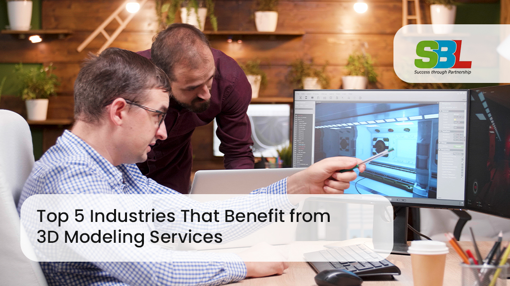 Professionals collaborating on a 3D model, representing how various industries like architecture, healthcare, and manufacturing leverage 3D modeling services.